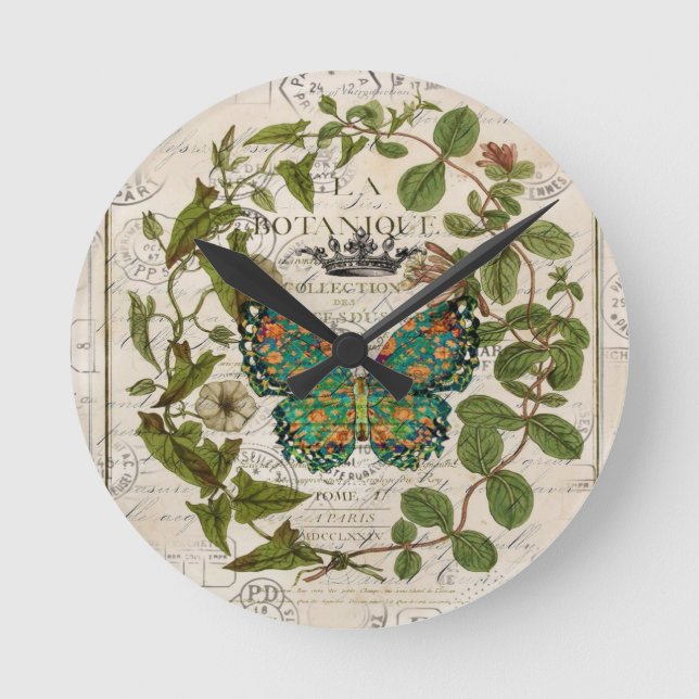 botanical art french country script leaf butterfly round clock (Front)