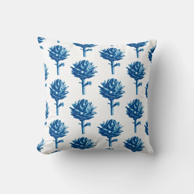 Botanical Artichoke Print, Indigo Blue and White Throw Pillow (Front)