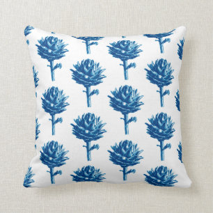 Botanical Artichoke Print, Indigo Blue and White Throw Pillow