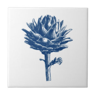 Botanical Artichoke Print, Indigo Blue and White Tile