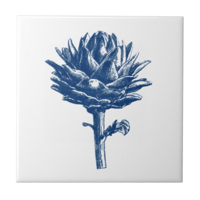 Botanical Artichoke Print, Indigo Blue and White Tile (Front)