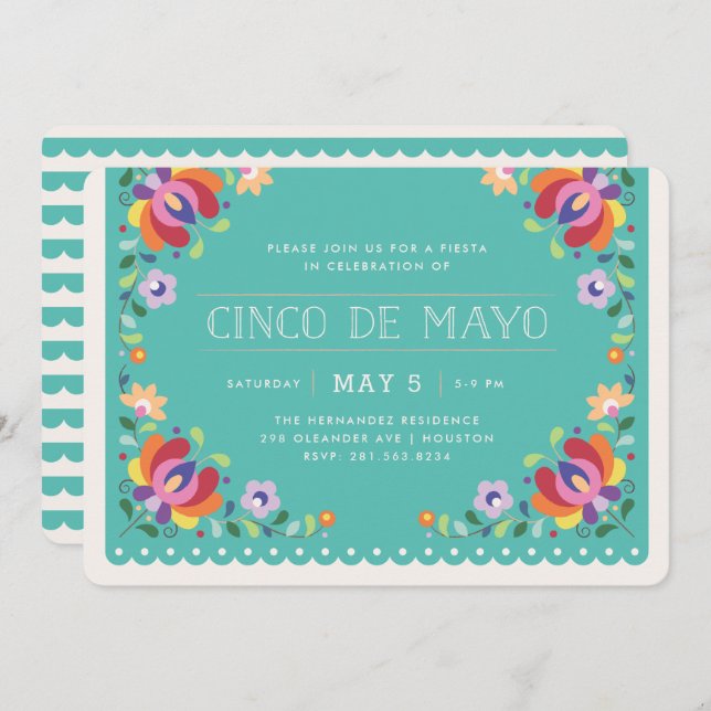 Botanical Banner Fiesta Invitation - Turquoise (Front/Back)
