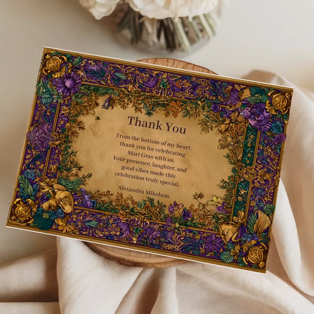 Botanical Baroque Mardi Gras Masquerade Thank You Card (Creator Uploaded)