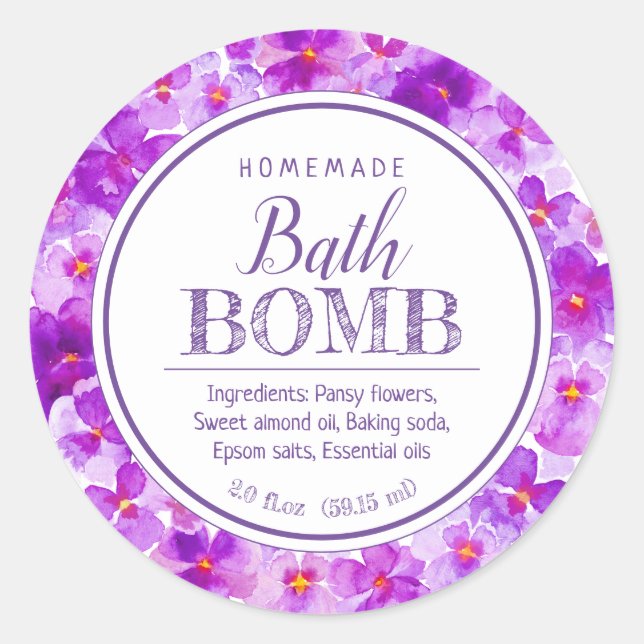 Botanical bath bomb purple pansy viola flower art classic round sticker (Front)