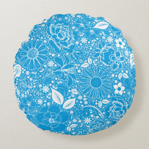 Botanical Beauties Light Blue Round Throw Pillow