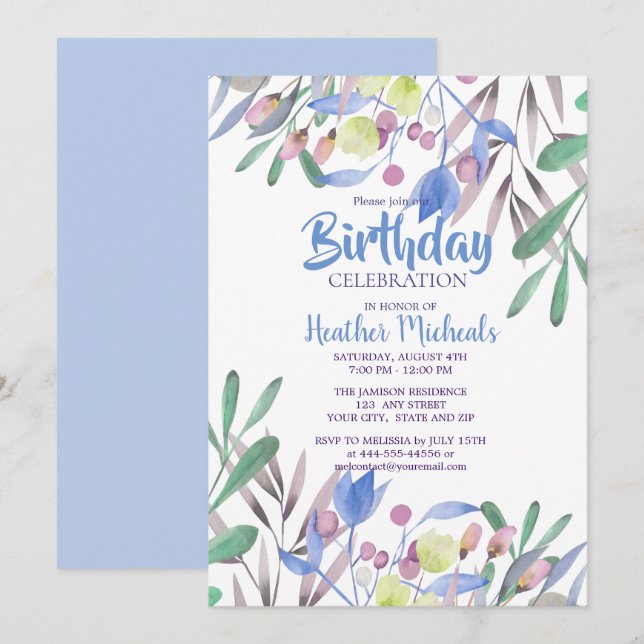 Botanical Beauty Blue Watercolor Womans Birthday Invitation (Front/Back)