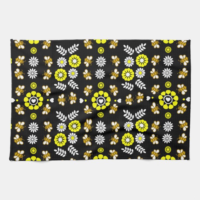 Botanical Bee Flower Pattern Kitchen Towel (Horizontal)