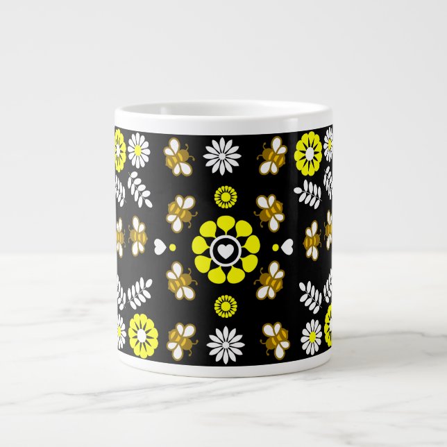 Botanical Bee Flower Pattern Large Coffee Mug (Front)