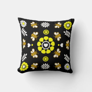 Botanical Bee Flower Pattern Throw Pillow