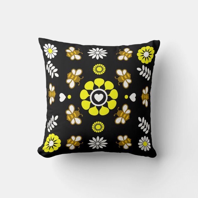 Botanical Bee Flower Pattern Throw Pillow (Front)