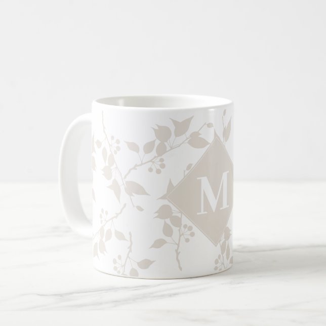 Botanical Beige Decorative Leaf Monogrammed  Coffee Mug (Front Left)