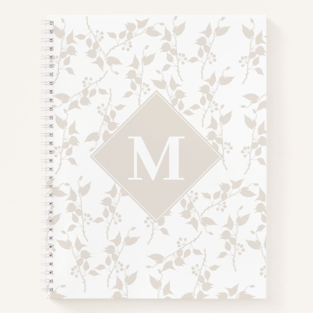 Botanical Beige Decorative Leaf Monogrammed  Notebook (Front)
