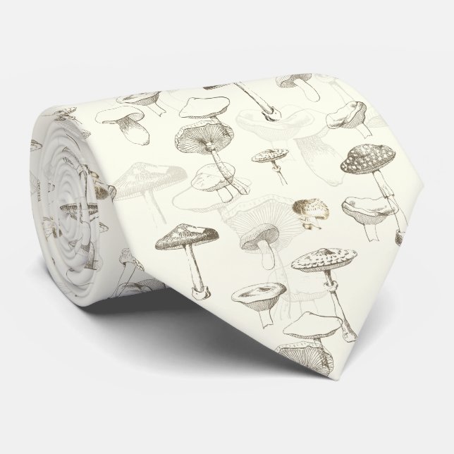 Botanical Beige White Forest Mushroom Pattern Tie (Rolled)