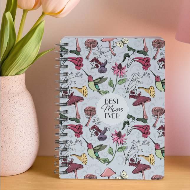 Botanical Best Mom Ever Blue Hummingbird Garden Notebook (Elegant Botanical Hummingbird Drawing with Colibri Birds and Exotic Flowers on Light Blue Background)