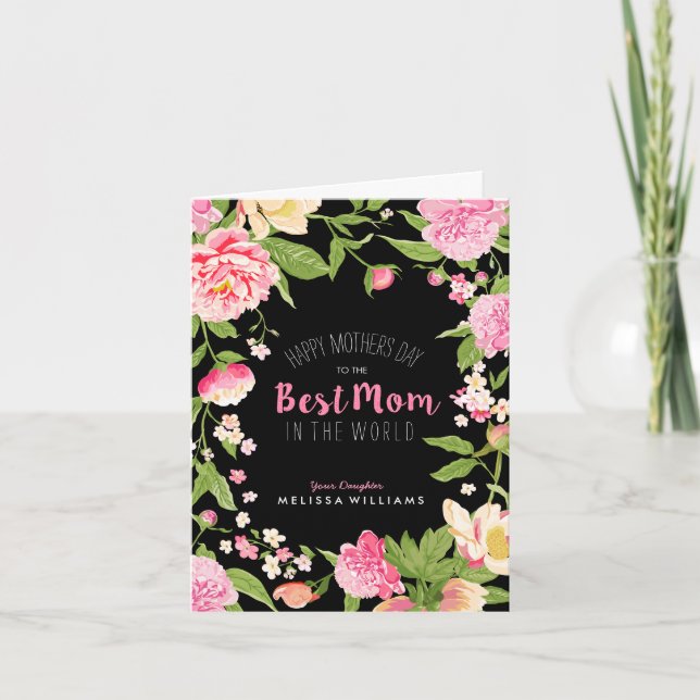 Botanical Best Mom-Pink Glitter Text Roses Frame Card (Front)