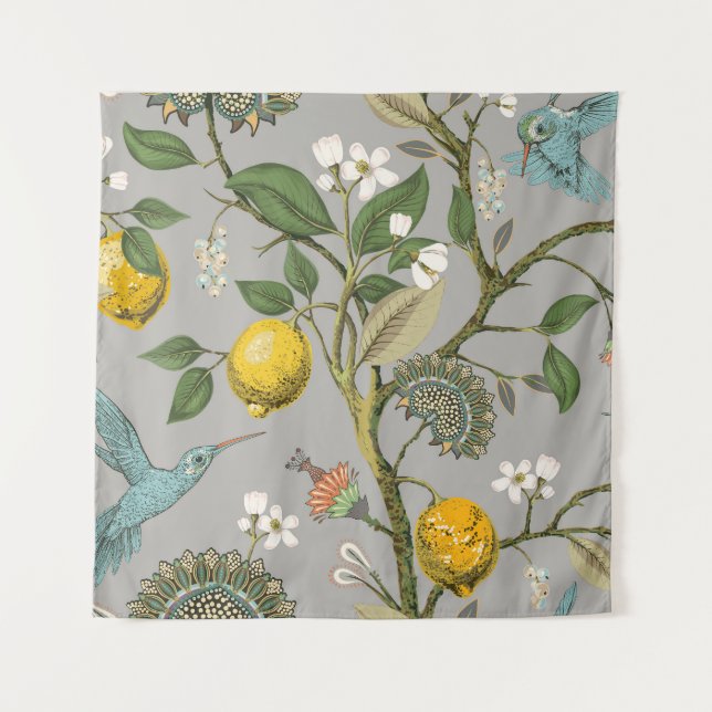 Botanical Birds Flowers: Drawn Vintage Wallpaper Tapestry (Front)