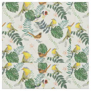 Botanical Birds Green and Yellow Foliage Pattern  Fabric