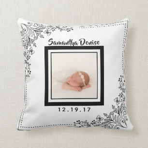 Botanical Birth Announcement Photo Nursery Throw Pillow