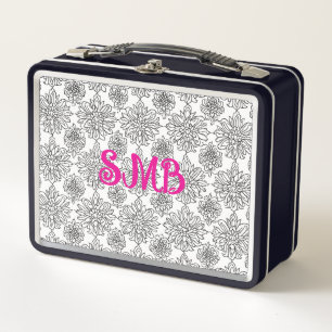 Botanical Black and White Floral Monogram Metal Lunch Box