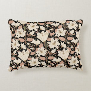 Botanical Black Beige Lily Floral Pattern   Accent Pillow