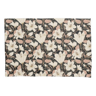 Botanical Black Beige Lily Floral Pattern   Pillowcase