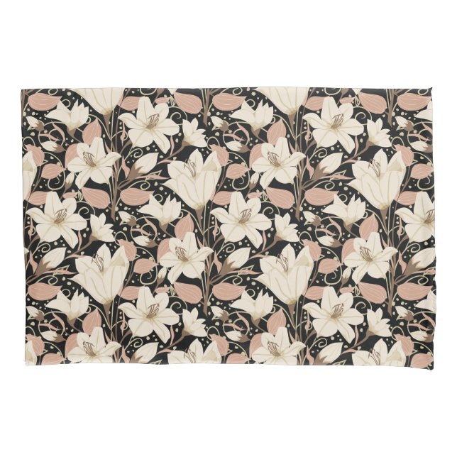 Botanical Black Beige Lily Floral Pattern   Pillowcase (Front-Left)