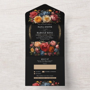 Botanical Black Floral Moody Vintage Wedding All In One Invitation
