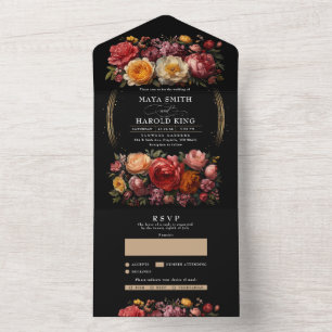 Botanical Black Floral Moody Vintage Wedding All In One Invitation