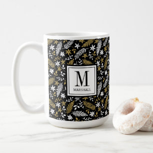 Botanical Black Gold Monogram Name Holiday Coffee Mug