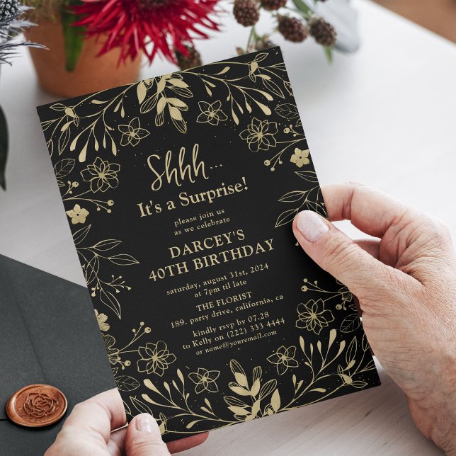 Botanical Black & Gold Surprise Birthday Party Invitation (Creator Uploaded)