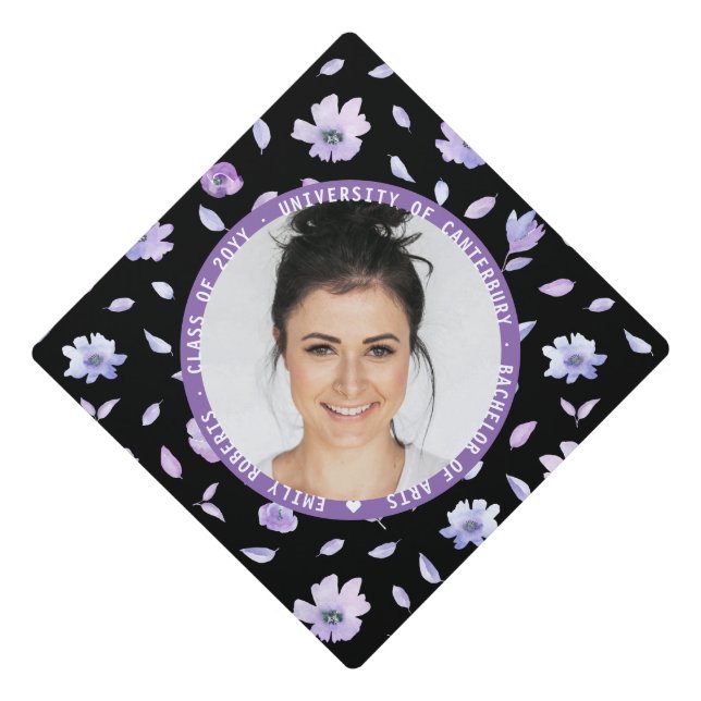 Botanical Black Purple Floral Modern Photo Graduation Cap Topper (Front)