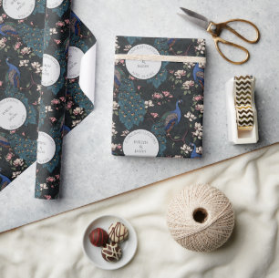 Botanical Black Wedding Peacock & Flowers Wrapping Paper