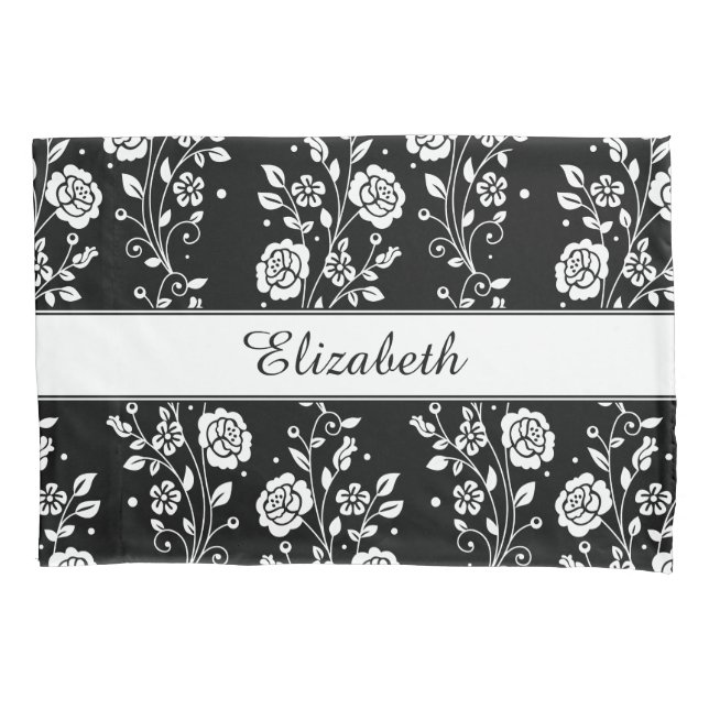 Botanical Black & White Floral Flowers Pattern Pillowcase (Front)