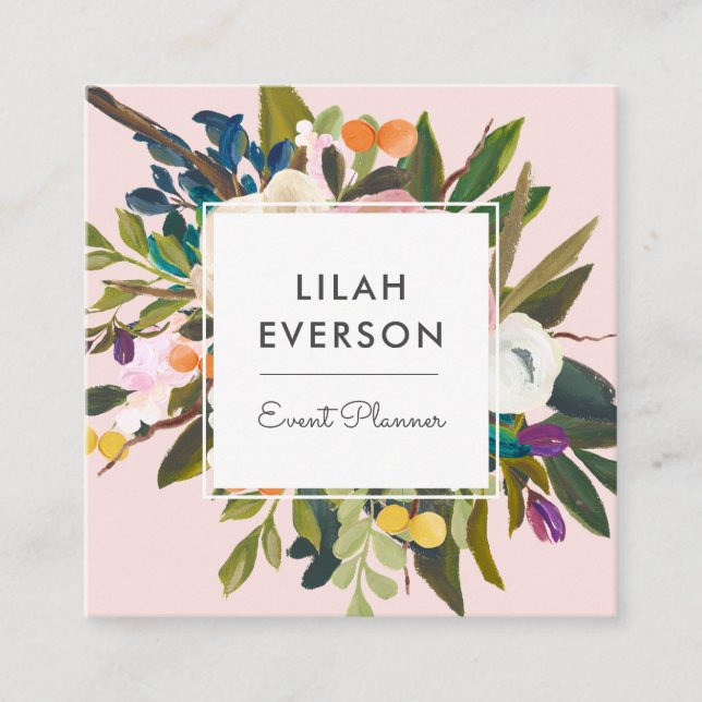 Botanical Bliss | Elegant Painted Floral | Blush Square Business Card (Front)