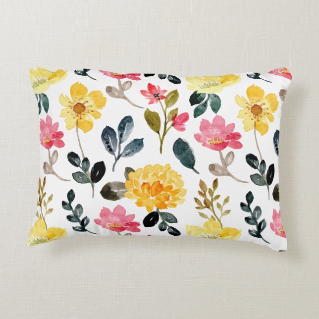 Botanical Bliss – Pink & Yellow Watercolor Flowers Accent Pillow (Back)