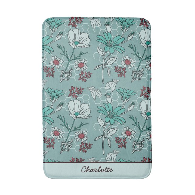 Botanical bloom floral pattern personalized name bath mat (Front Vertical)