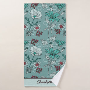 Botanical bloom floral pattern personalized name  bath towel