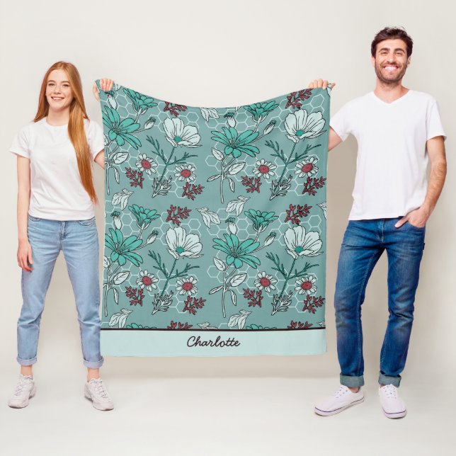 Botanical bloom floral pattern personalized name  fleece blanket (In Situ)