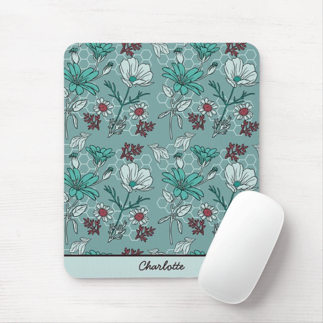 Botanical bloom floral pattern personalized name mouse pad (With Mouse)