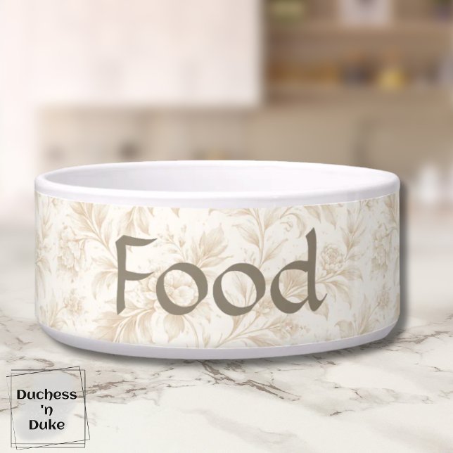 Botanical Bloom Pattern Soft Ivory Pet Bowl (Dog Food Bowl with ivory botanical design displayed on marble counter top)