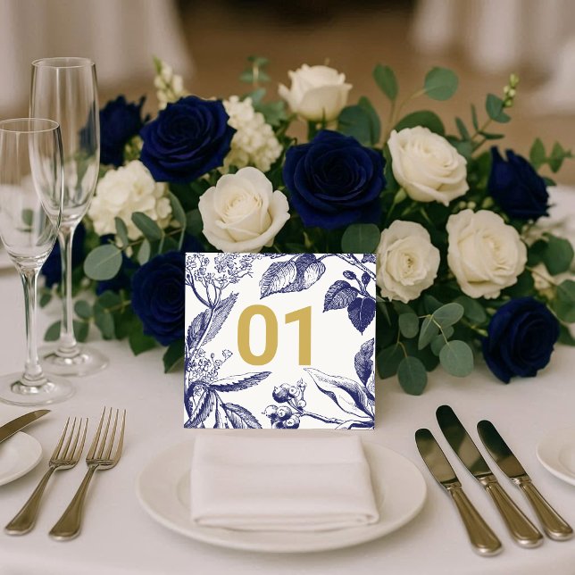Botanical Blue and Gold Wedding Table Number (Creator Uploaded)