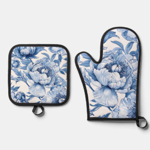 Botanical Blue and White Elegant Floral Pattern Oven Mitt & Pot Holder Set