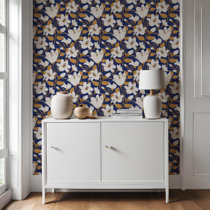 Botanical Blue Beige Lily Floral Pattern Wallpaper