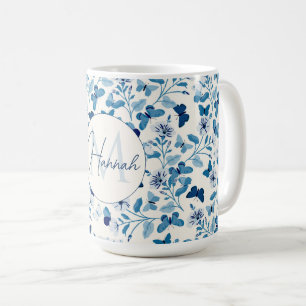 Botanical Blue Cream Flowers  and Butterflies Coffee Mug