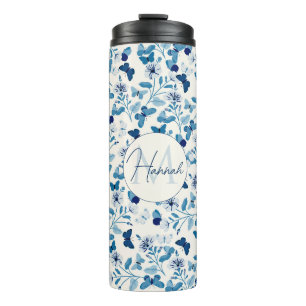 Botanical Blue Cream Flowers and Butterflies Thermal Tumbler