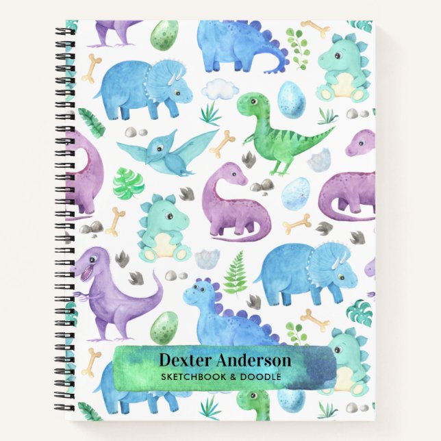 Botanical Blue Dino Dinosaur Custom Name Notebook (Front)