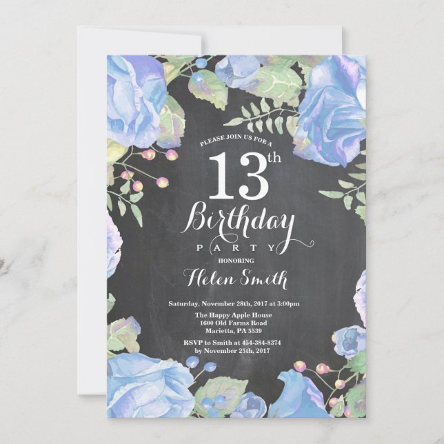 Botanical Blue Floral 13th Birthday Invitation (Front)