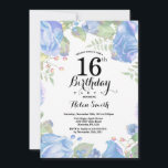 Botanical Blue Floral 16th Birthday Invitation<br><div class="desc">Botanical Blue Floral 16th Birthday Invitation. Floral Pink Peonies Birthday Invitation for Girl. Watercolor Floral Flower. Elegant Pink Rose and Peony Flowers. Kids Birthday. White Background. Black and White. 13th 15th 16th 18th 20th 21st 30th 40th 50th 60th 70th 80th 90th 100th, Any Ages. For further customization, please click the...</div>