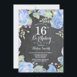 Botanical Blue Floral 16th Birthday Invitation<br><div class="desc">Botanical Blue Floral 16th Birthday Invitation. Floral Pink Peonies Birthday Invitation for Girl. Watercolor Floral Flower. Elegant Pink Rose and Peony Flowers. Kids Birthday. Chalkboard Background. Black and White. 13th 15th 16th 18th 20th 21st 30th 40th 50th 60th 70th 80th 90th 100th, Any Ages. For further customization, please click the...</div>