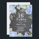 Botanical Blue Floral 16th Birthday Invitation<br><div class="desc">Botanical Blue Floral 16th Birthday Invitation. Floral Pink Peonies Birthday Invitation for Girl. Watercolor Floral Flower. Elegant Pink Rose and Peony Flowers. Kids Birthday. Chalkboard Background. Black and White. 13th 15th 16th 18th 20th 21st 30th 40th 50th 60th 70th 80th 90th 100th, Any Ages. For further customization, please click the...</div>